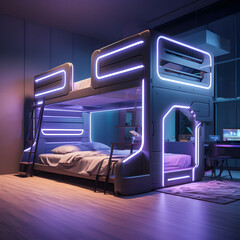 Modern minimal bedroom with a bunk bed and RGB lights - obrazy, fototapety, plakaty