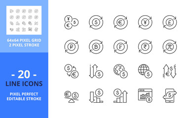 Line icons about currency exchange. Pixel perfect 64x64 and editable stroke