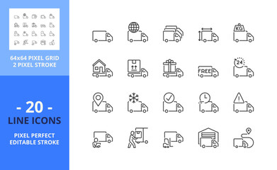 Line icons about delivery truck. Pixel perfect 64x64 and editable stroke