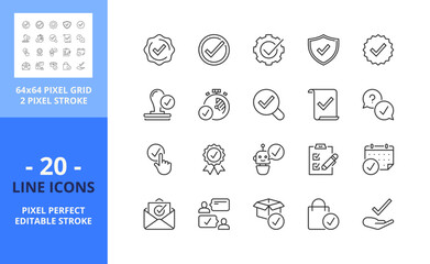 Line icons about checkmark. Pixel perfect 64x64 and editable stroke