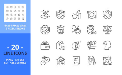 Line icons about employee benefits. Pixel perfect 64x64 and editable stroke - obrazy, fototapety, plakaty