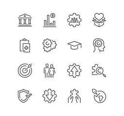 Set of social policy related icons, life insurance, government, society legislation, social services, health care, welfare, reform, education and linear variety vectors.