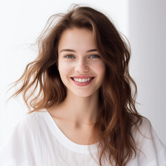 Fototapeta premium portrait of a happy and smiling young woman, brown hair, light eyes, young and hydrated skin, Eastern European origin. Dress a light white blouse, optical white background