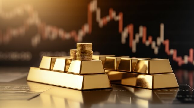 Gold bar resting investment on a stocks graph representing