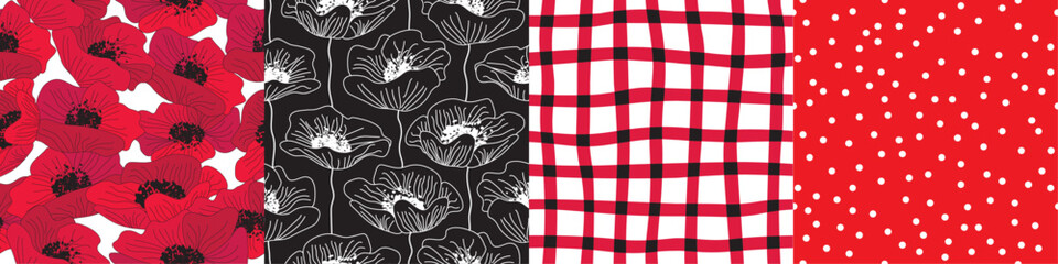 Seamless repeat patterns with poppy flower. Floral and matching patterns collection