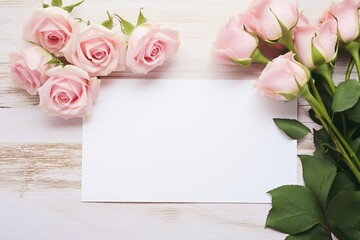 Blank white card stock on table with white and pink roses next to it, overhead view