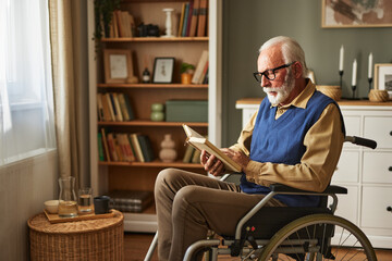 Elderly man in the wheelchair reading a book indoors