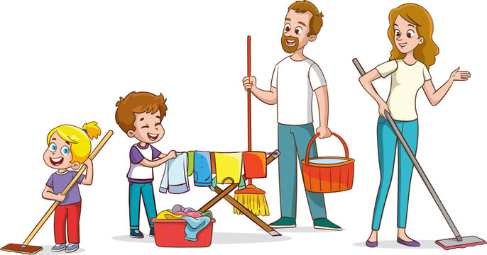 Happy family doing housework. Vector cartoon illustration of parents and children doing household chores.