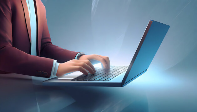 3d render character of a man hands typing keyboard on laptop computer, Isolated on white background

