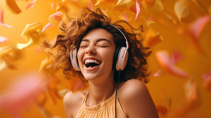 Cheerful young woman with headset on orange background