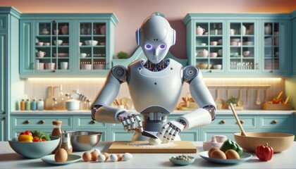 A futuristic robot whips up a delectable meal in a miniature kitchen, surrounded by colorful tableware on the shelves and walls, bringing a touch of magic to the indoor space - obrazy, fototapety, plakaty