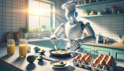 In a futuristic kitchen, a robot effortlessly prepares a delicious breakfast meal with precision and grace, surrounded by sleek tableware and vibrant bowls of food, while a refreshing glass of juice - obrazy, fototapety, plakaty