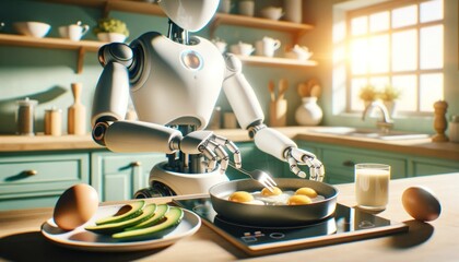 In a futuristic kitchen, a robotic chef prepares a mouth-watering meal with precision and grace, using sleek tableware and dishware such as ceramic teapots and porcelain plates while steam from kettl