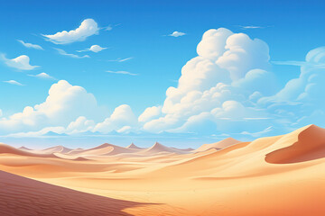Blue sky with fluffy cloud and Desert landscape with Sand Dunes in hot Sunny day Summer, generative ai 