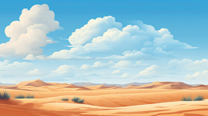 Fototapeta na wymiar Blue sky with fluffy cloud and Desert landscape with Sand Dunes in hot Sunny day Summer, generative ai 