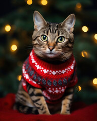 cat in a Christmas sweater against the background of a Christmas tree, generative ai 