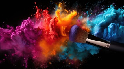 Makeup brush in a colorful powder explosion. Beauty and cosmetics concept background with free place for text