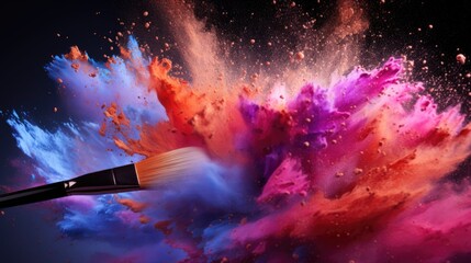 Makeup brush in a colorful powder explosion. Beauty and cosmetics concept background with free place for text