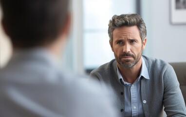 Fototapeta premium Man patient and psychologist at psychotherapy session. Psychology and mental health concept. Generative AI