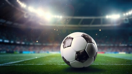 Fototapeta premium Soccer ball on a soccer grass field in front of a blurred stadium. Sport concept background with free place for text