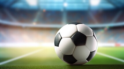 Soccer ball on a soccer grass field in front of a blurred stadium. Sport concept background with free place for text