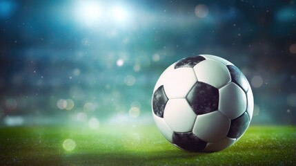 Fototapeta premium Soccer ball on a soccer grass field in front of a blurred stadium. Sport concept background with free place for text