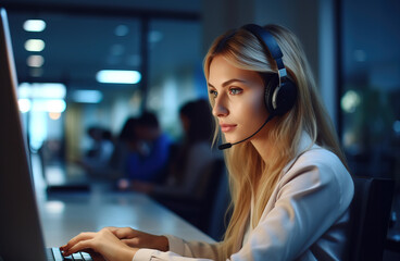 Portrait of happy smiling female customer support, phone operator, wearing bluetooth headset at workplace. Blonde woman working as call center agent in front of computer in modern office. - obrazy, fototapety, plakaty