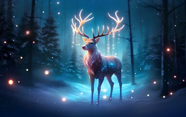 A fabulous reindeer in a magical winter forest. - obrazy, fototapety, plakaty