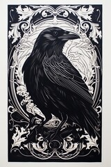 Black raven, engraving, black and white drawing