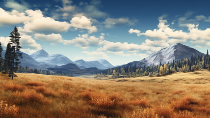 autumn landscape, meadow and trees, background with mountains, blue sky with clouds