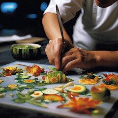 Chef preparing a meal in a restaurant kitchen with vegetables on a table