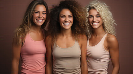 Fun women In fitness clothing Three Female Friends Laughing. Isolate on dark pink background