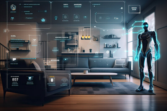 Futuristic home helper robot in modern room