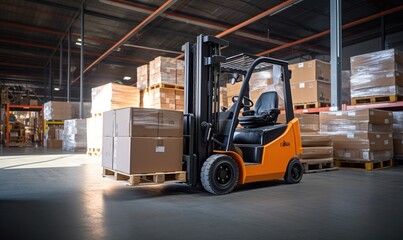 A Warehouse Scene with a Busy Forklift and Stacked Boxes