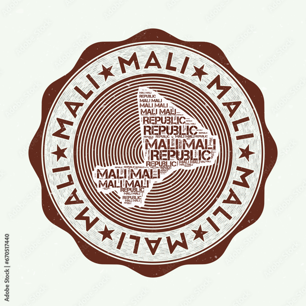 Poster mali seal. country round logo with shape of mali and country name in multiple languages word cloud. 