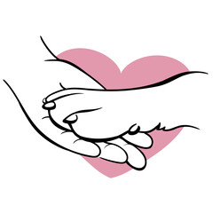 hand and dog, dog paw in human hand. Paw Heart. Friendship between man and animal. Cheerful character greets pet with a handshake. Best friends. Vector