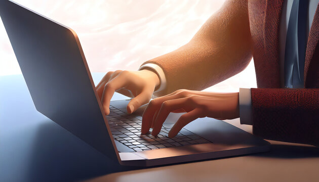 3d render character of a man hands typing keyboard on laptop computer, Isolated on white background
