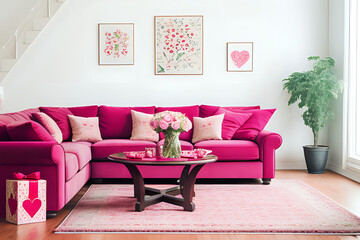 Interior of living room decorated for Valentine's Day with sofa, flowers and gifts