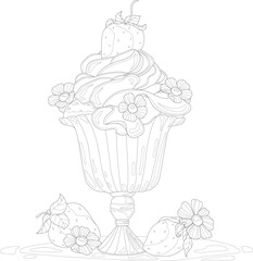 Realistic cupcake with cream, flowers and strawberry in a glass graphic sketch template. Cartoon vector illustration in black and white for game, background, pattern, decor. Coloring paper, page, book