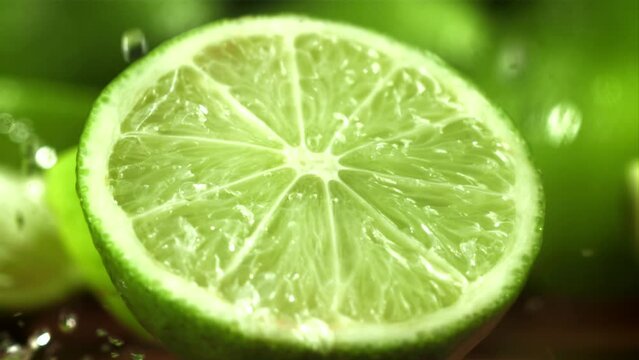 Drops of water fall on a cut lime. Filmed on a high-speed camera at 1000 fps. High quality FullHD footage