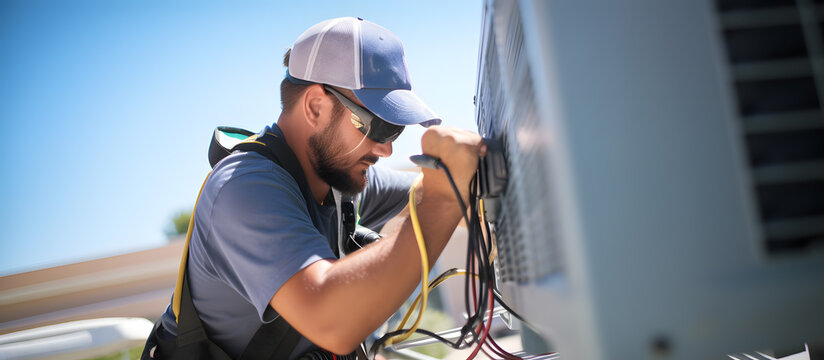 Engineer man working, air source pump heating unit installed on the outside of a house. 
