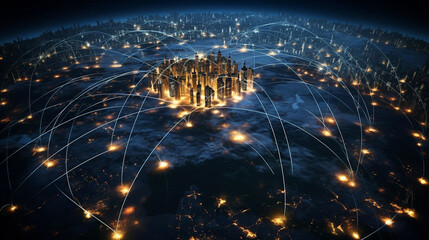 A Panoramic View of Planet Earth and a Series of Lines Representing Networking