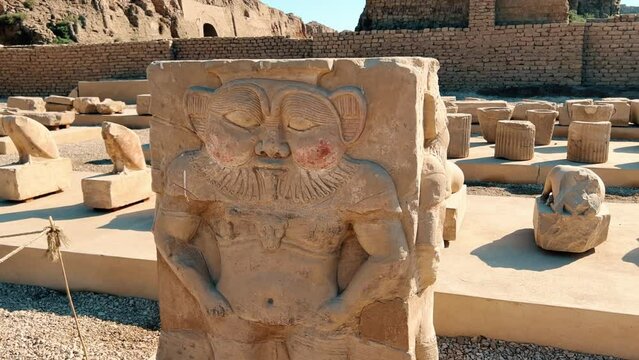 The ruins of the Egyptian temple complex Dendera. Museum in Egypt. Hathor Temple. The Denderian zodiac. The complex is a mixture of ruined temples, chapels, pylons and other buildings. Egypt 2022. 4K
