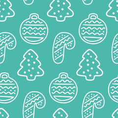 Christmas tree, candy, toy doodle seamless pattern for paper, fabric, decoration. Green festive background. Vector illustration
