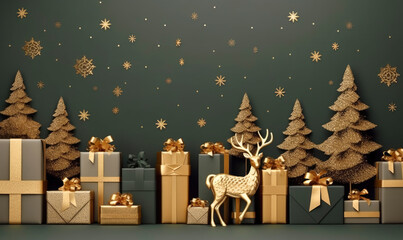 Christmas composition border with gift boxes, pine figurines and decorative golden reindeer in dark olive green tones with stars, Banner, front view and copy space