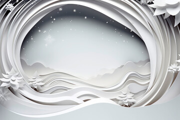 Christmas scene, paper cut forming a forest with pine trees, mountains and snowy nature with an empty circular frame for text or message. Christmas background in white tones