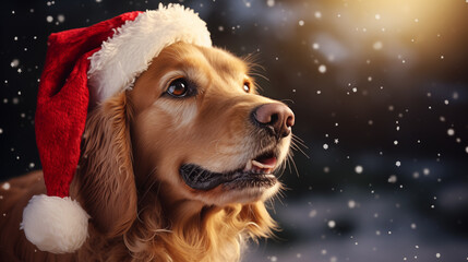 Close-up of the dog wearing a Santa Claus hat on a winter background.