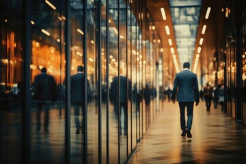 Fototapeta premium A businessman striding with purpose in a corridor nestled between offices, symbolizing his active role within the professional workspace. Photorealistic illustration
