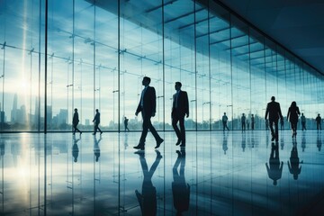 Business people walking in a spacious sunlit hall with a glass facade, creating an open and inviting environment for work and collaboration. Photorealistic illustration
