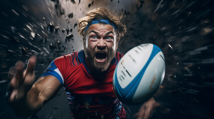 Un joueur de rugby courant avec le ballon, mouvement et énergie